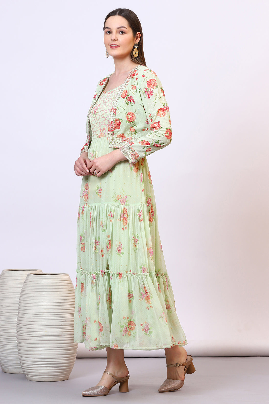 Green Floral Printed Tiered Spaghetti Dress and Short Jacket Set