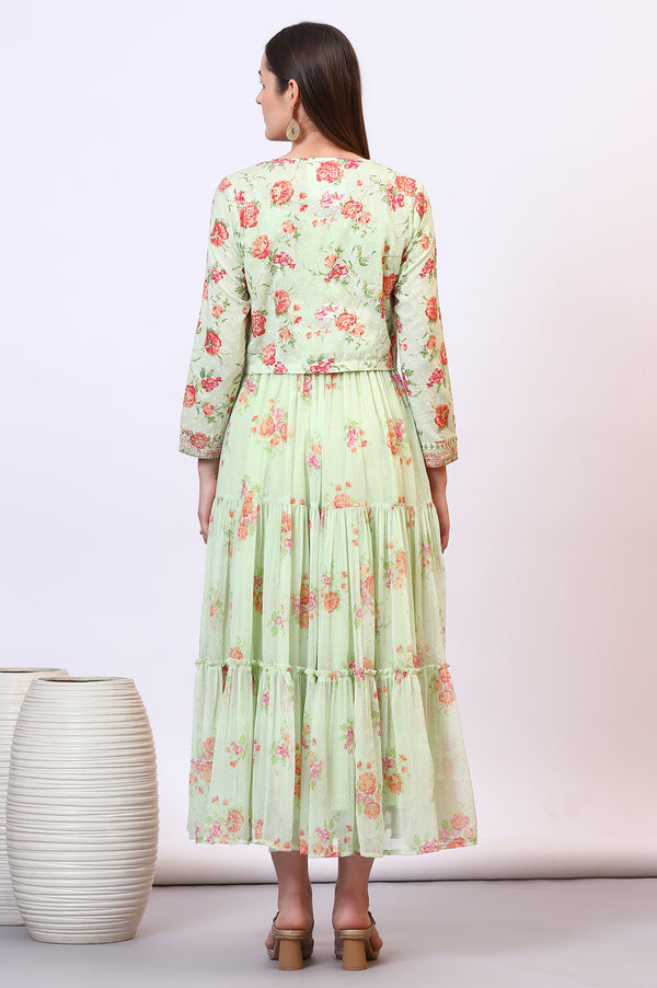 Green Floral Printed Tiered Spaghetti Dress and Short Jacket Set