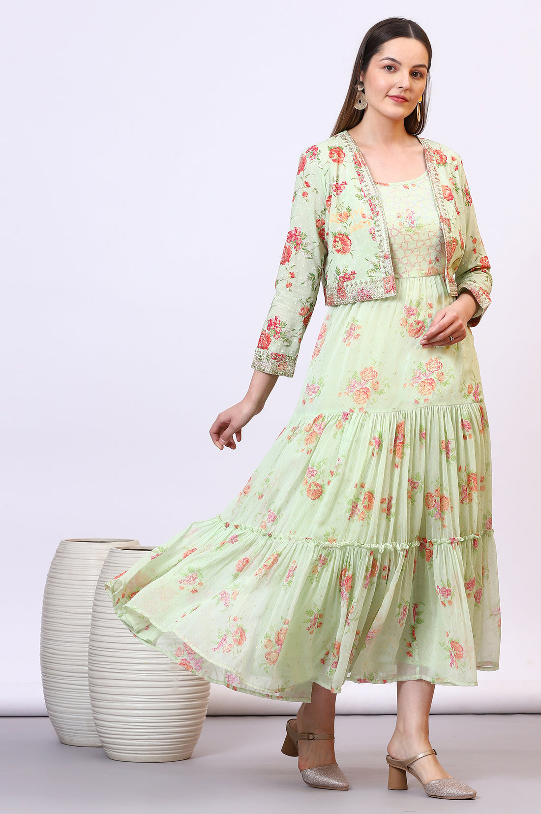 Green Floral Printed Tiered Spaghetti Dress and Short Jacket Set