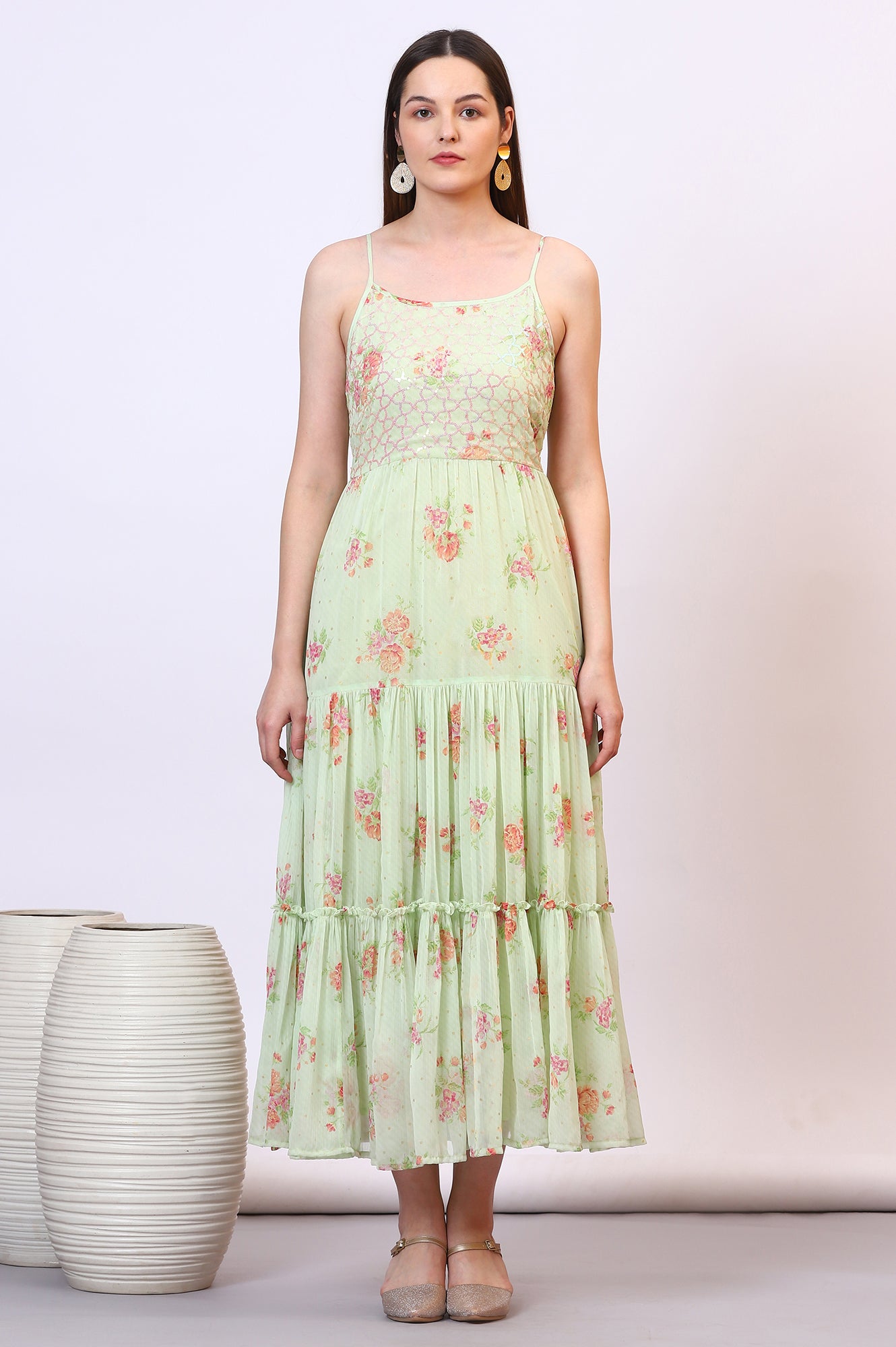 Buy Green Floral Printed Tiered Spaghetti Dress and Short Jacket Set Online for Woman | Shop for Aurelia Buy Green Floral Printed Tiered Spaghetti Dress and Short Jacket Set Online for Woman | Shop for Aurelia