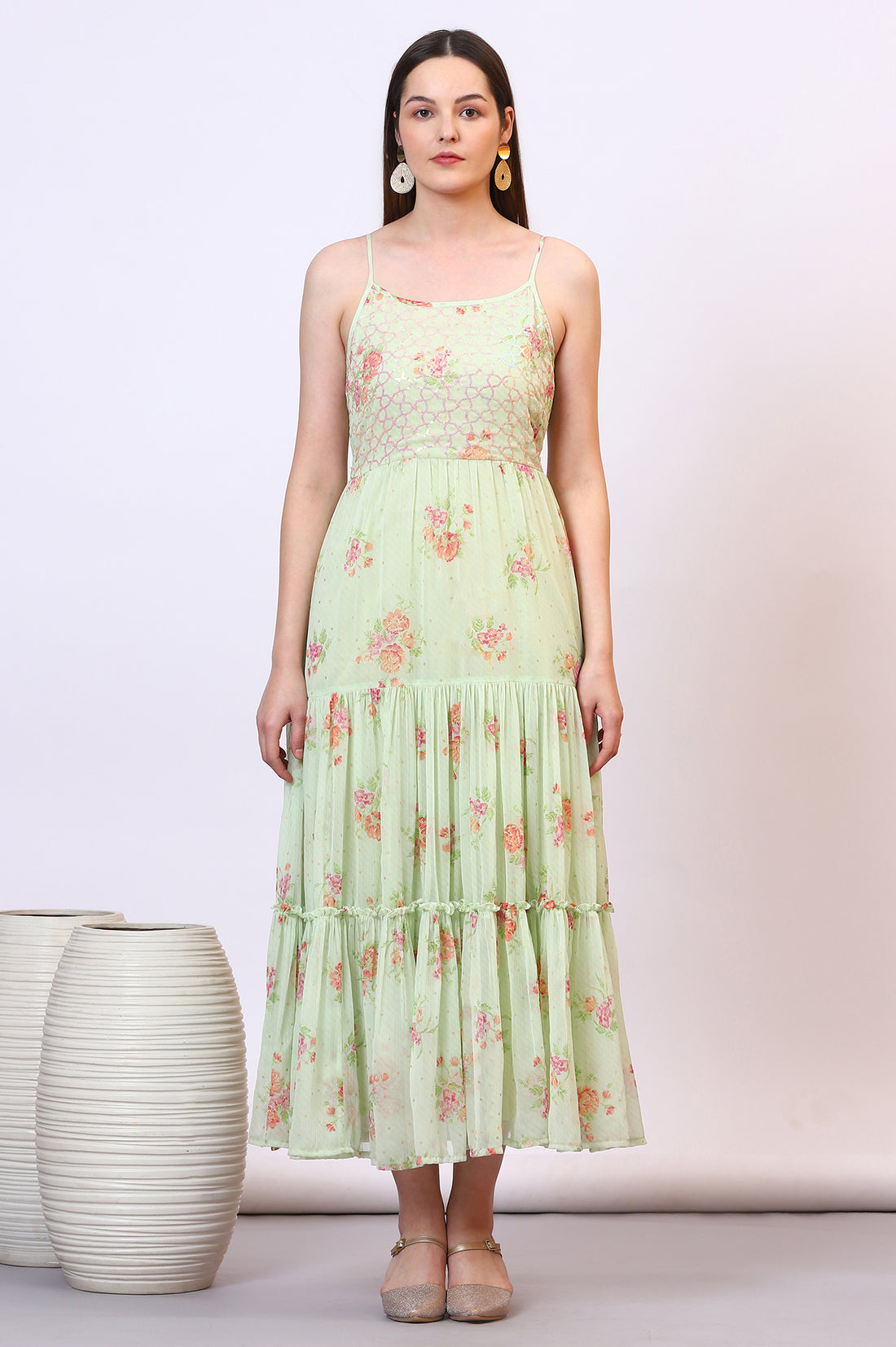 Green Floral Printed Tiered Spaghetti Dress and Short Jacket Set