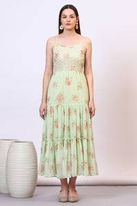 Green Floral Printed Tiered Spaghetti Dress and Short Jacket Set