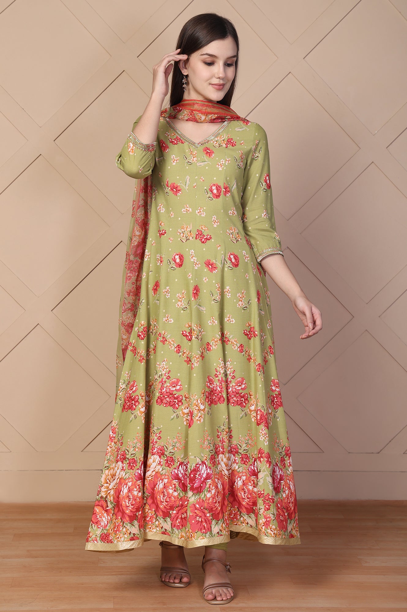 Green Floral Printed Embellished Anarkali Kurta with Tights and Dupatta Set