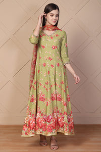 Green Floral Printed Embellished Anarkali Kurta with Tights and Dupatta Set