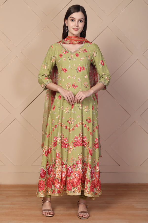 Green Floral Printed Embellished Anarkali Kurta with Tights and Dupatta Set