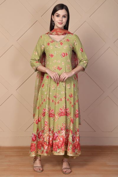 Green Floral Printed Embellished Anarkali Kurta with Tights and Dupatta Set