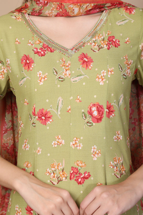 Green Floral Printed Embellished Anarkali Kurta with Tights and Dupatta Set