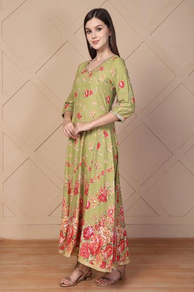 Green Floral Printed Embellished Anarkali Kurta with Tights and Dupatta Set