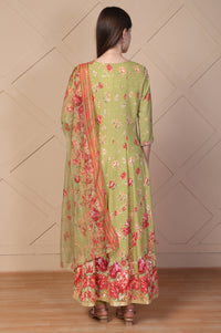 Green Floral Printed Embellished Anarkali Kurta with Tights and Dupatta Set