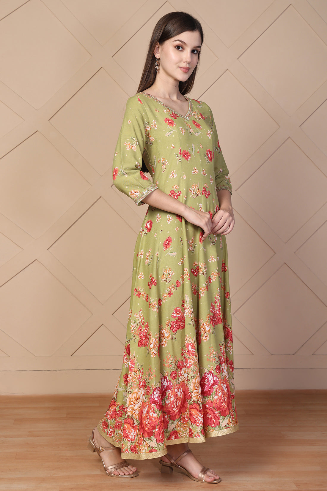 Green Floral Printed Embellished Anarkali Kurta with Tights and Dupatta Set