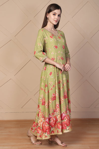 Green Floral Printed Embellished Anarkali Kurta with Tights and Dupatta Set