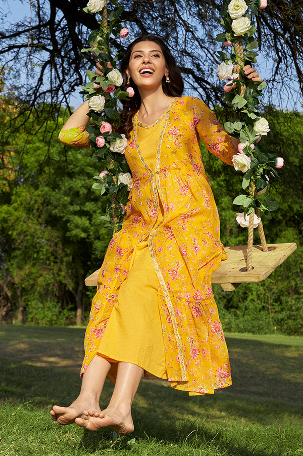 Yellow Solid Cotton Blend A-line Dress and Floral Printed Gilet