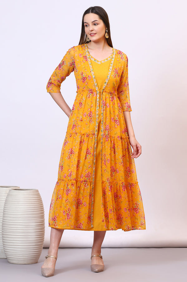 Yellow Solid Cotton Blend A-line Dress and Floral Printed Gilet