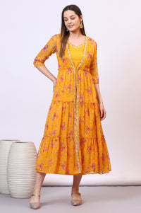 Yellow Solid Cotton Blend A-line Dress and Floral Printed Gilet