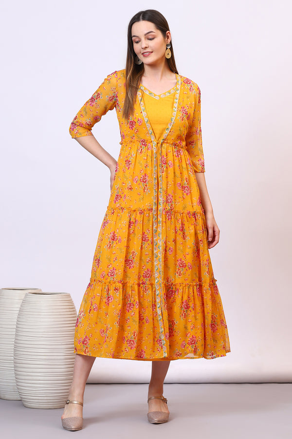 Yellow Solid Cotton Blend A-line Dress and Floral Printed Gilet
