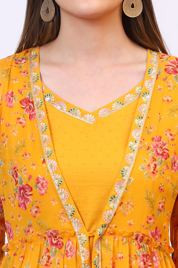 Yellow Solid Cotton Blend A-line Dress and Floral Printed Gilet