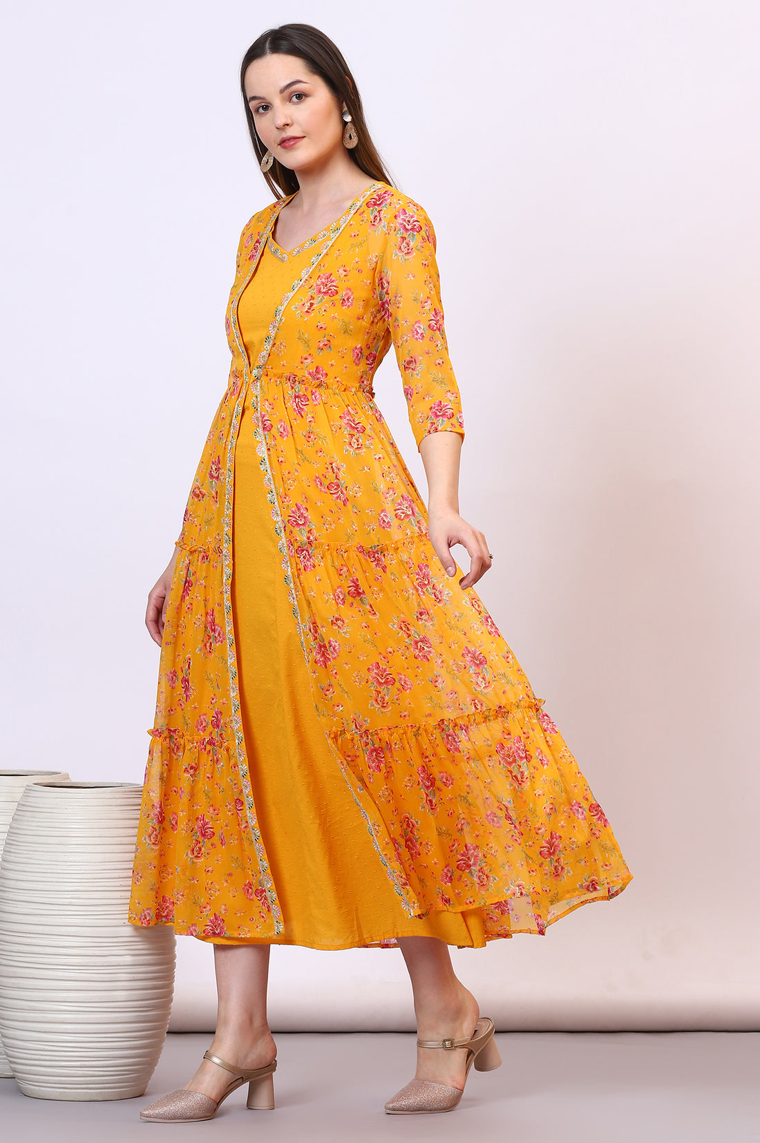 Buy Yellow Solid Cotton Blend A-line Dress and Floral Printed Gilet