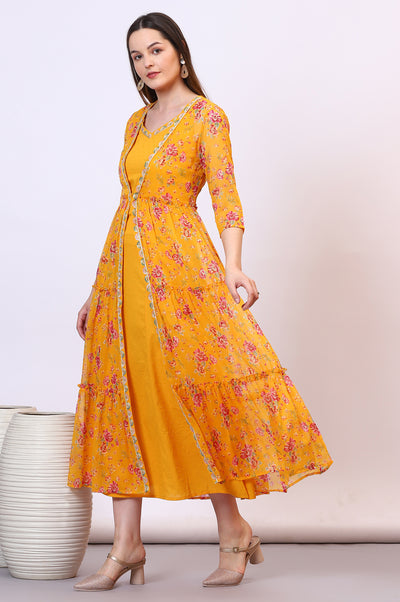 Yellow Solid Cotton Blend A-line Dress and Floral Printed Gilet