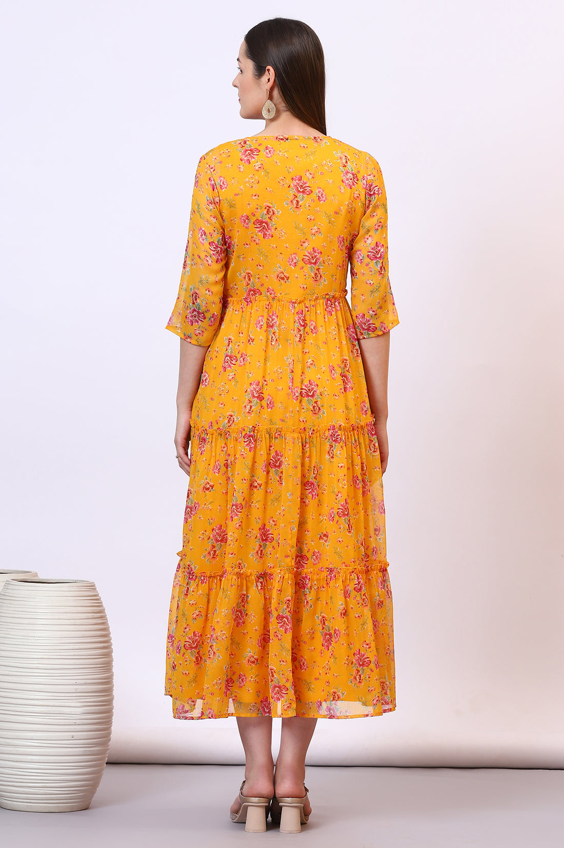 Yellow Solid Cotton Blend A-line Dress and Floral Printed Gilet