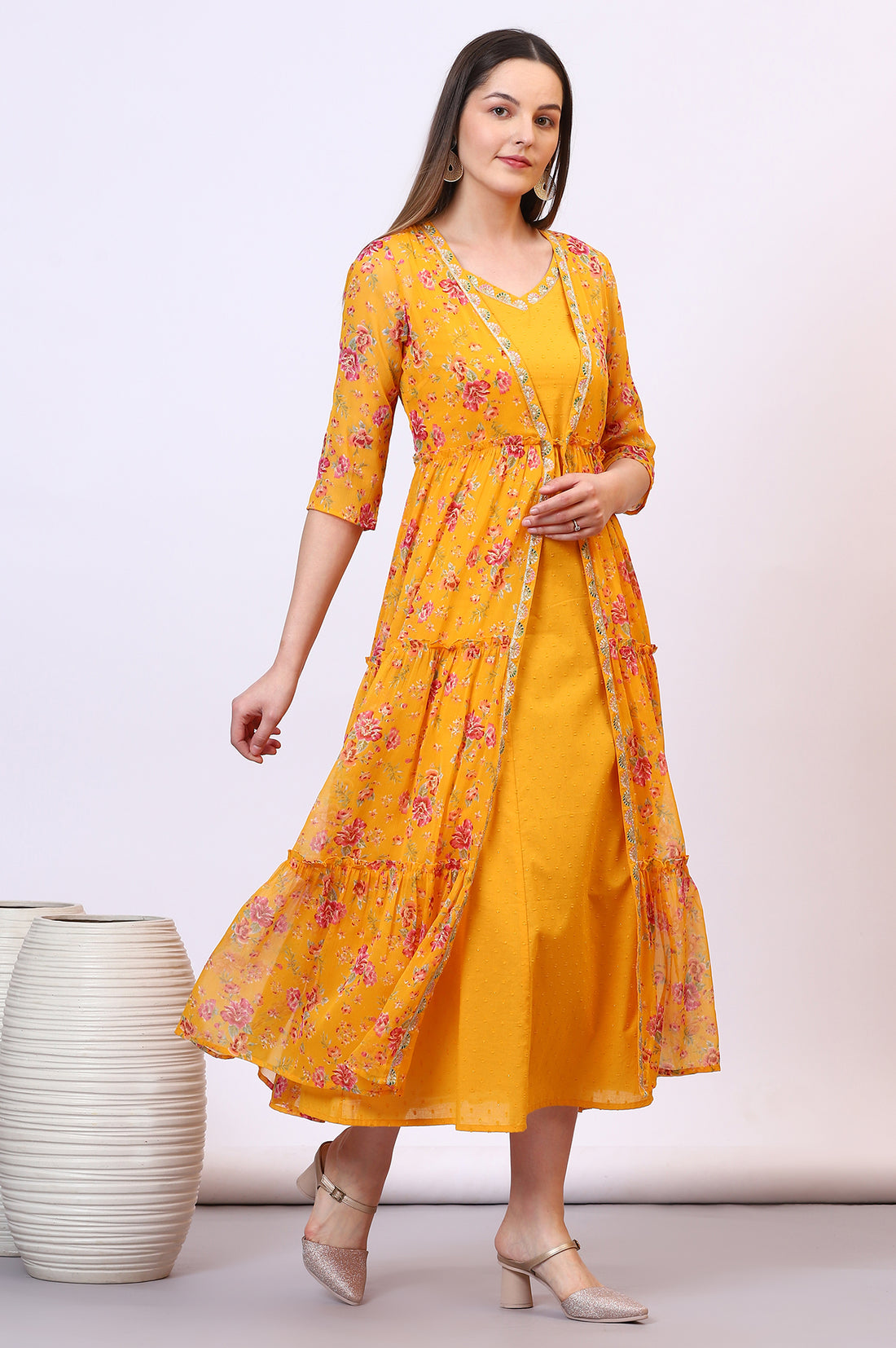 Yellow Solid Cotton Blend A-line Dress and Floral Printed Gilet