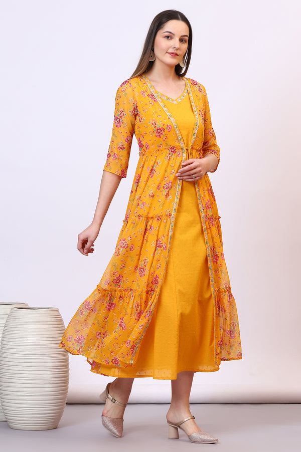 Yellow Solid Cotton Blend A-line Dress and Floral Printed Gilet