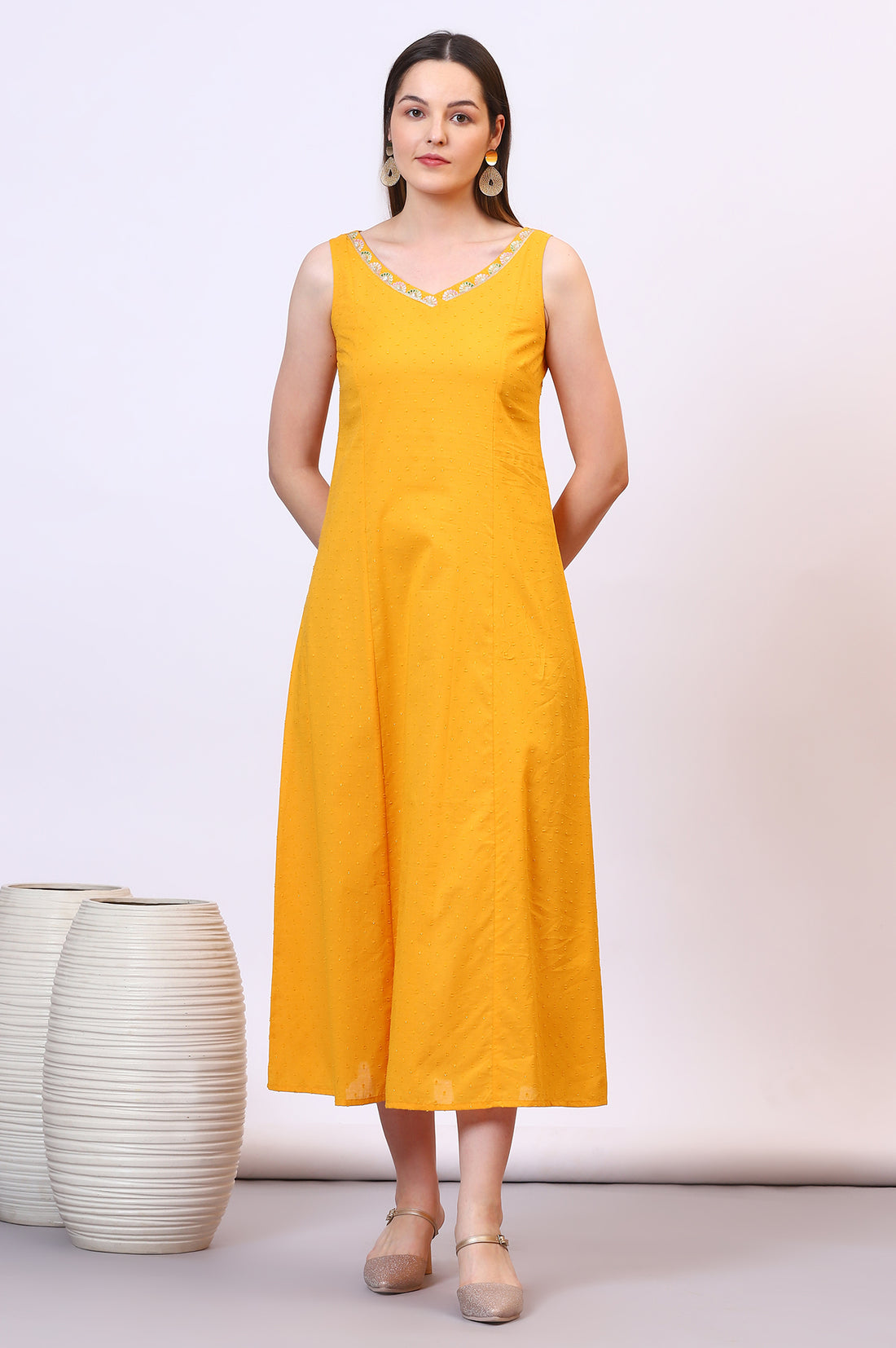 Yellow Solid Cotton Blend A-line Dress and Floral Printed Gilet