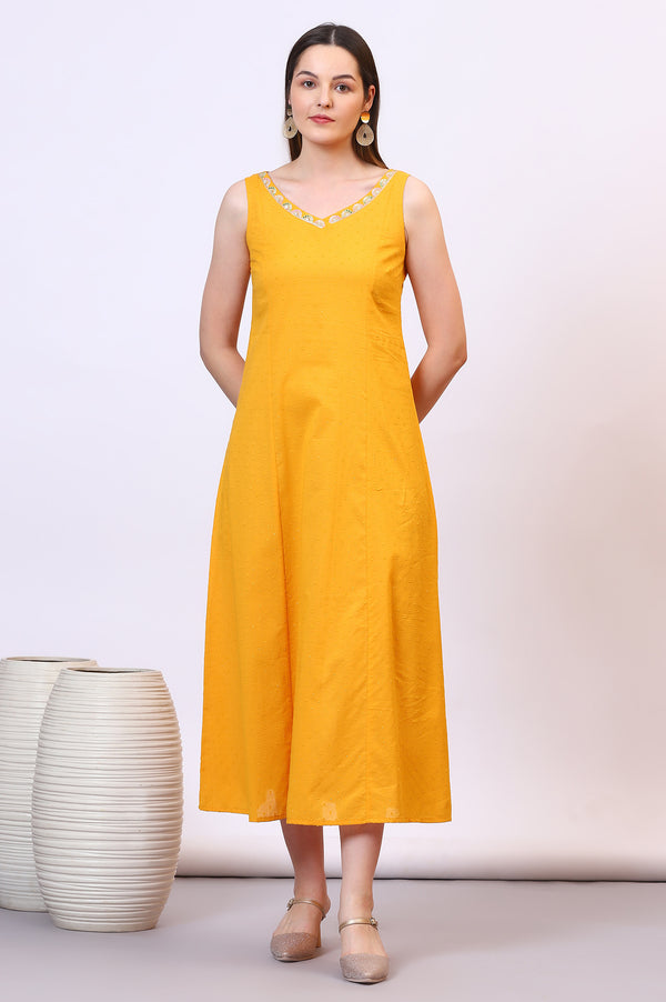 Yellow Solid Cotton Blend A-line Dress and Floral Printed Gilet