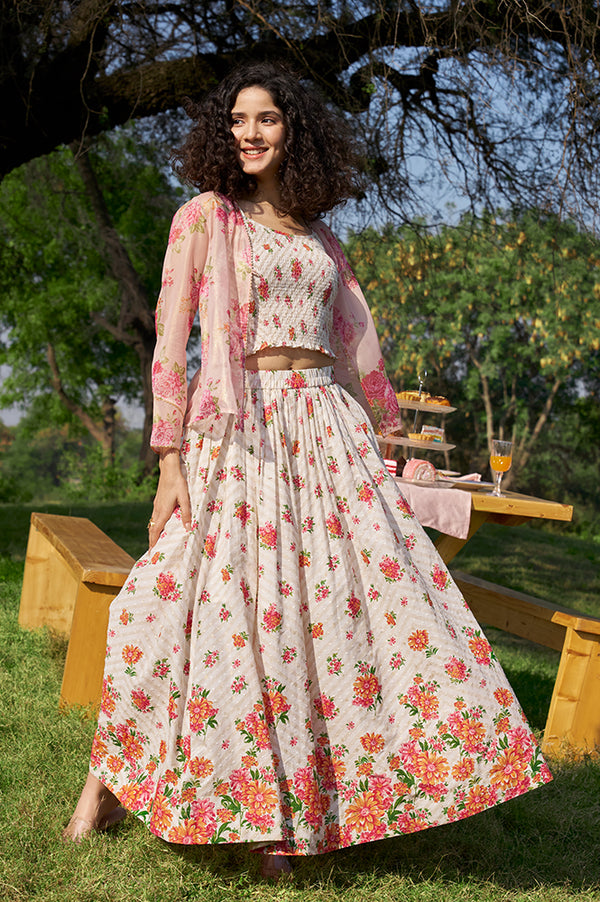 White Floral Printed Speghetti Crop Top, Gilet and Skirt Set