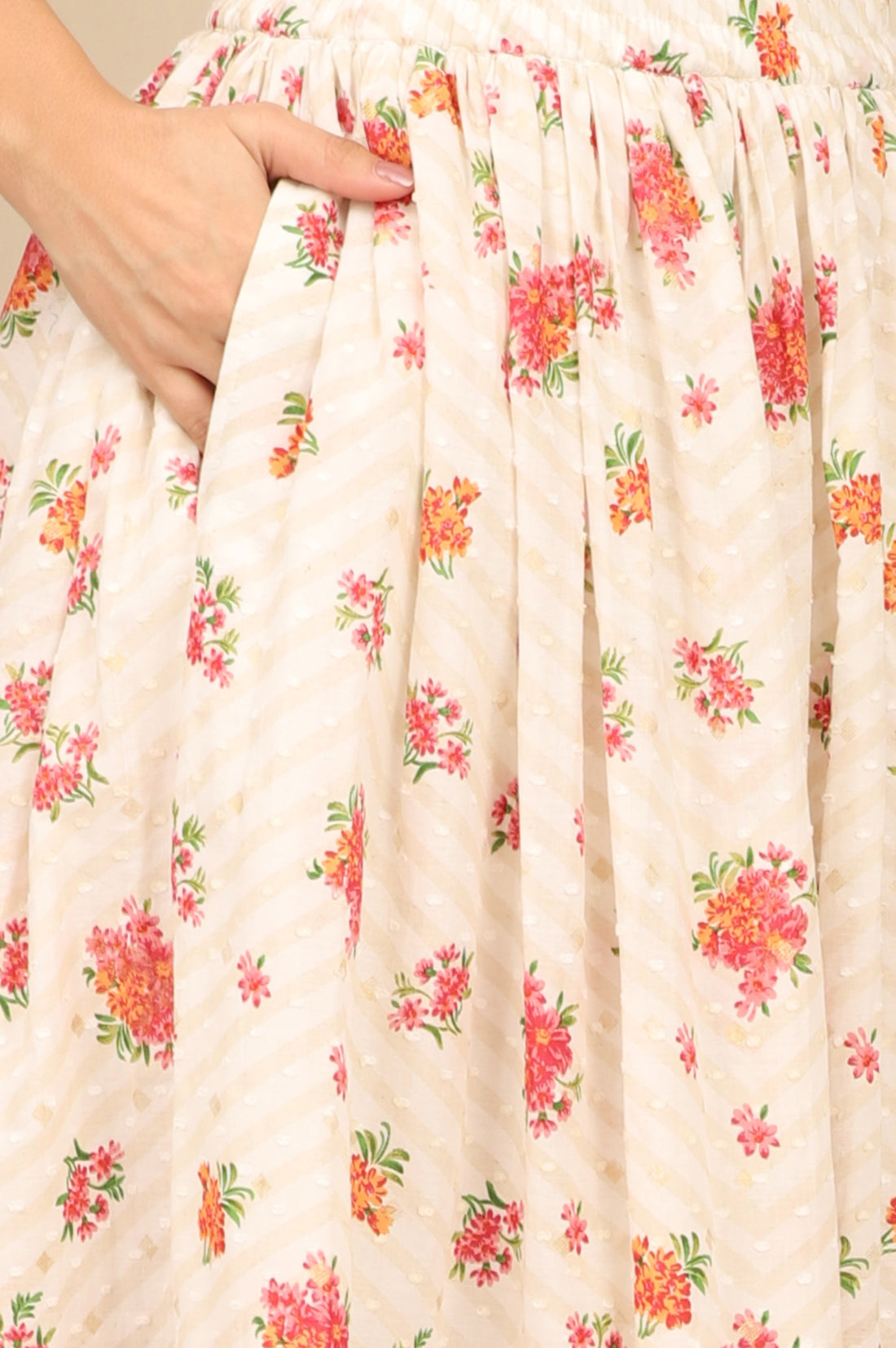 White Floral Printed Speghetti Crop Top, Gilet and Skirt Set