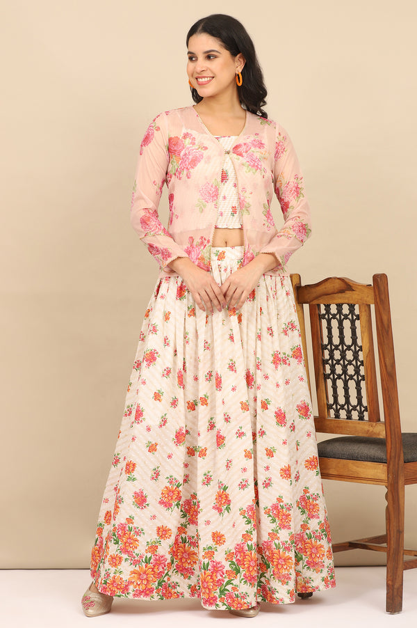 White Floral Printed Speghetti Crop Top, Gilet and Skirt Set