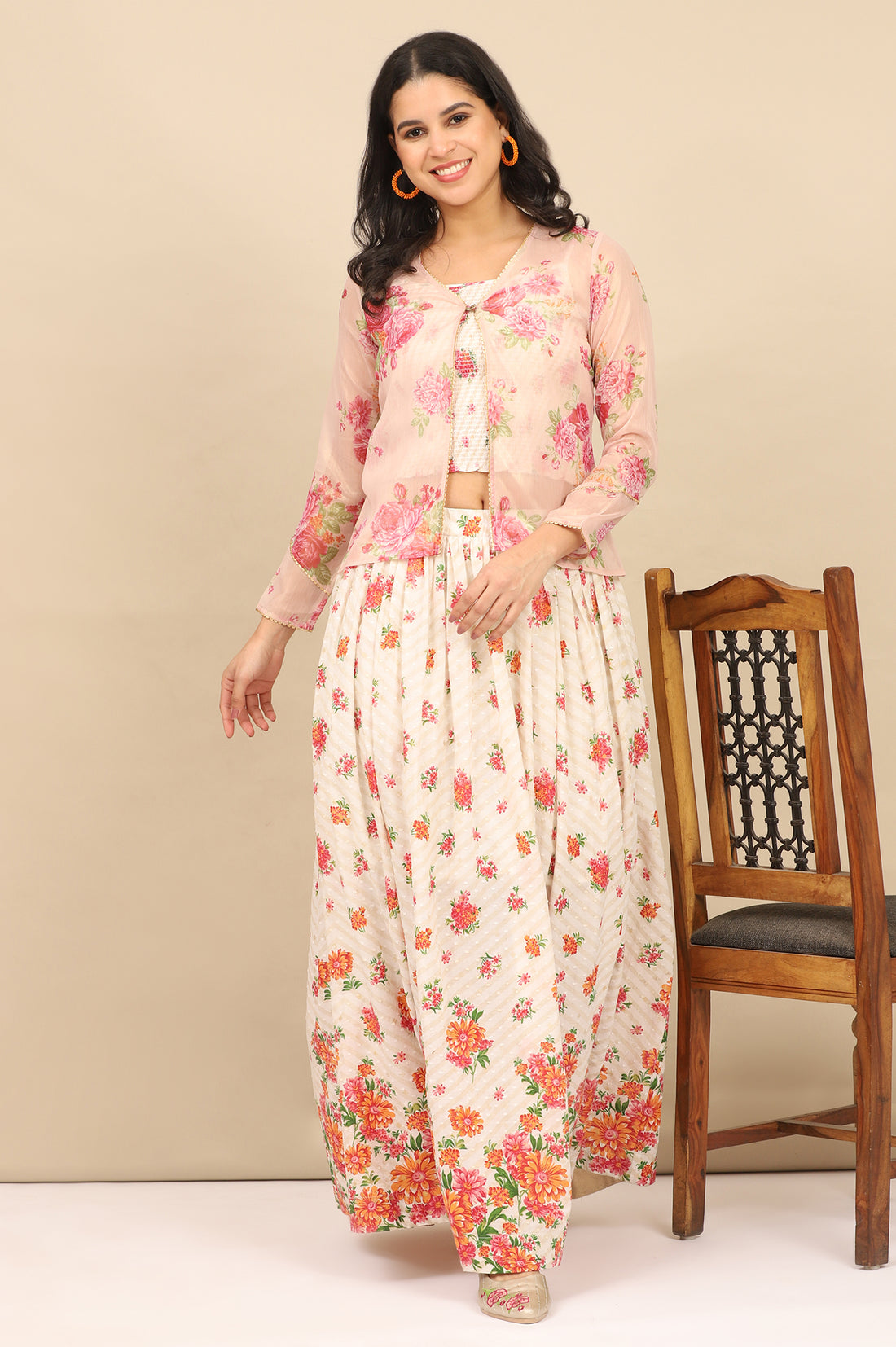 White Floral Printed Speghetti Crop Top, Gilet and Skirt Set