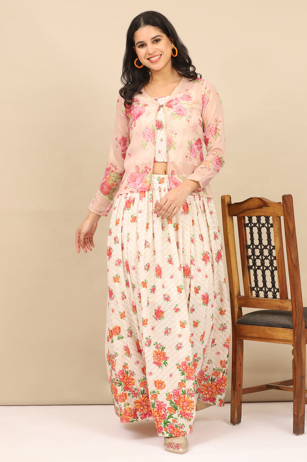 White Floral Printed Speghetti Crop Top, Gilet and Skirt Set