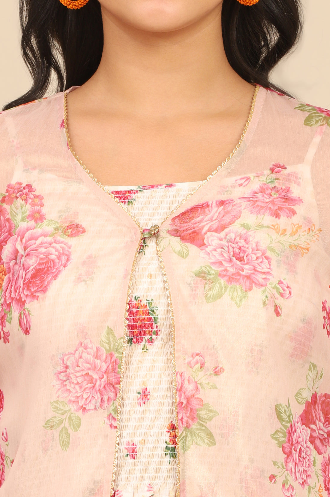 White Floral Printed Speghetti Crop Top, Gilet and Skirt Set