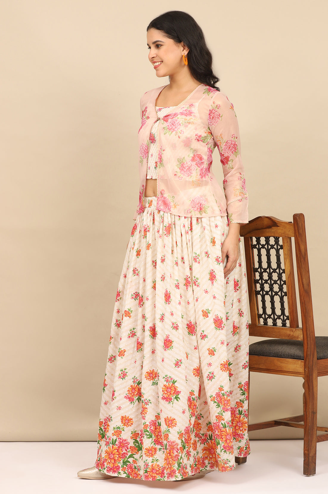 White Floral Printed Speghetti Crop Top, Gilet and Skirt Set