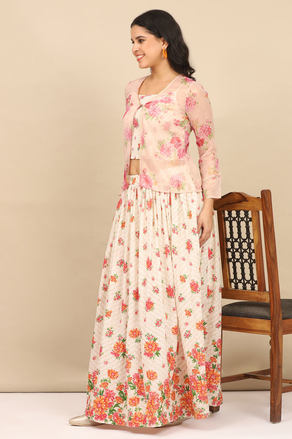 White Floral Printed Speghetti Crop Top, Gilet and Skirt Set