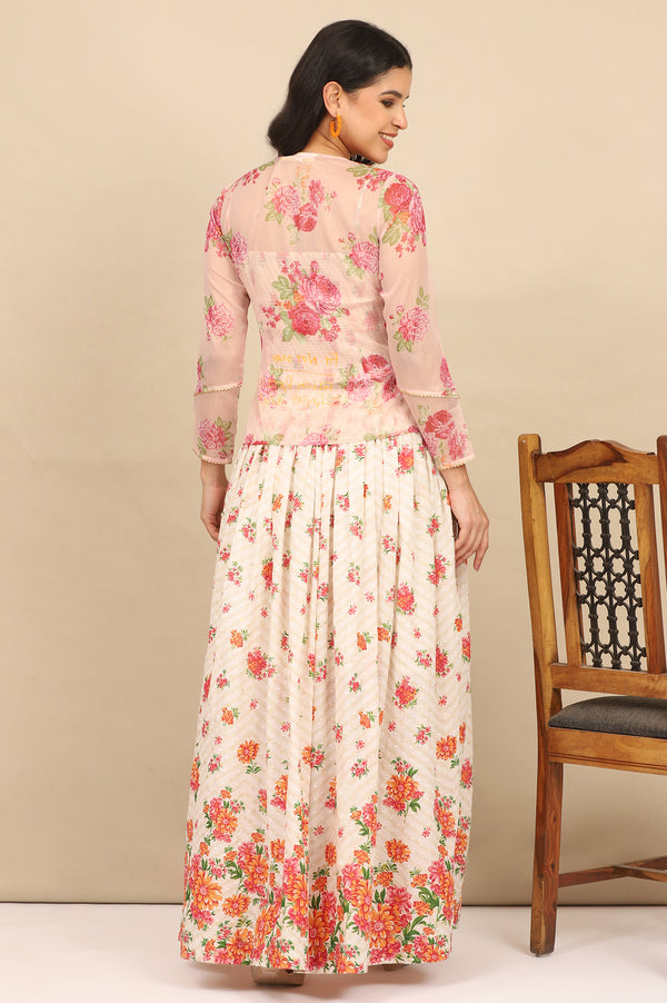 White Floral Printed Speghetti Crop Top, Gilet and Skirt Set