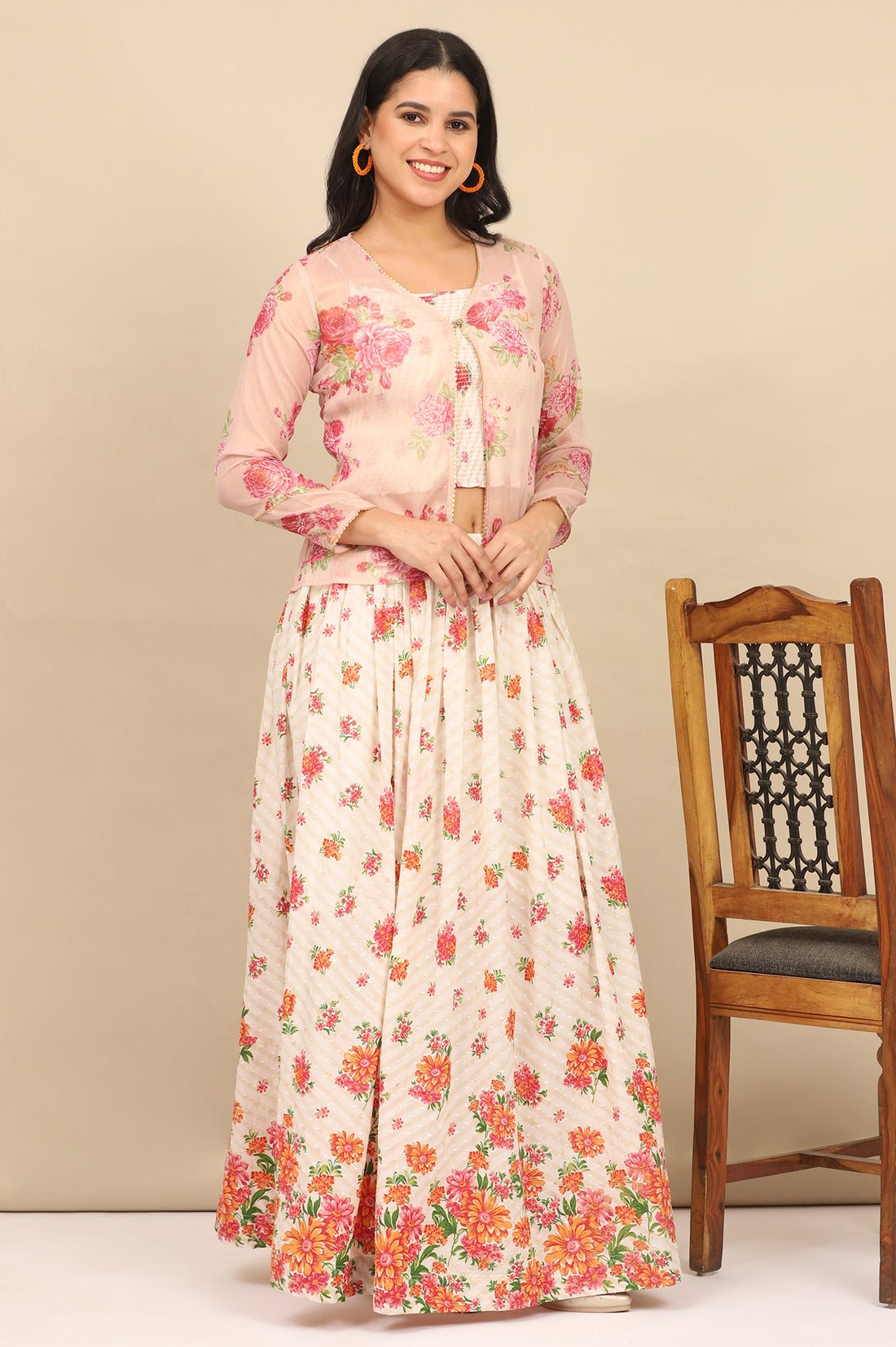 White Floral Printed Speghetti Crop Top, Gilet and Skirt Set