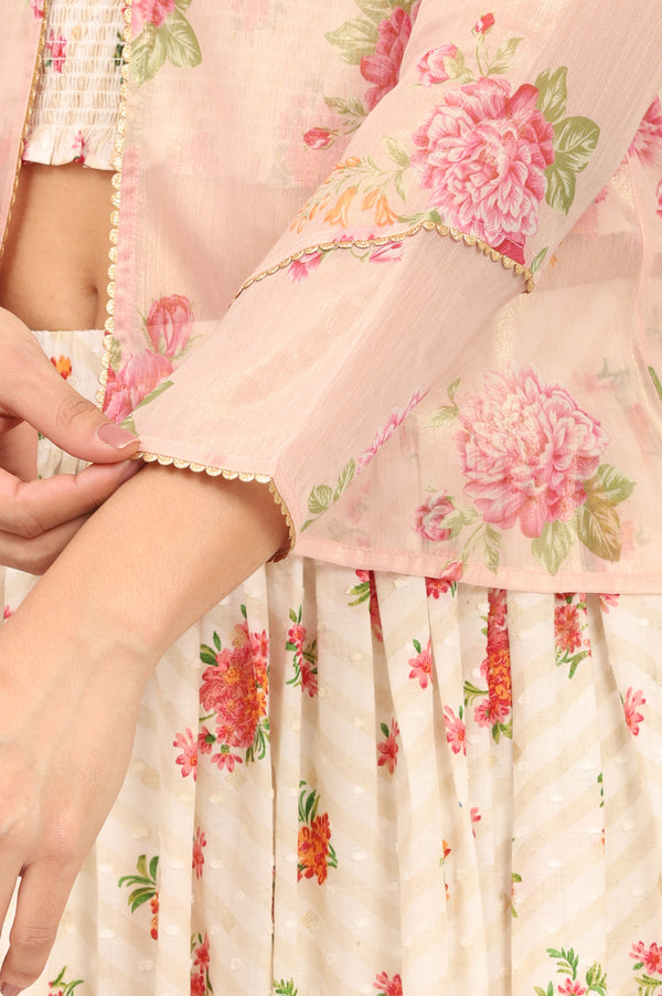 White Floral Printed Speghetti Crop Top, Gilet and Skirt Set
