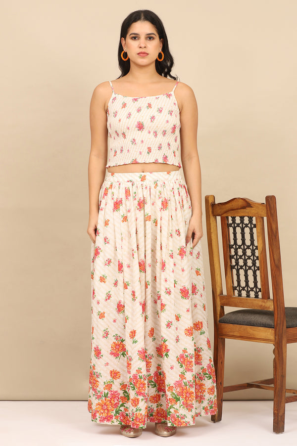 White Floral Printed Speghetti Crop Top, Gilet and Skirt Set