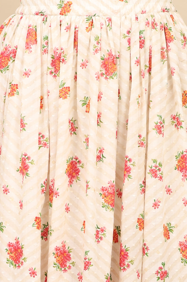 White Floral Printed Speghetti Crop Top, Gilet and Skirt Set