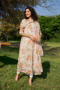 White Printed Anarkali with Leggings &amp; Dupatta Set