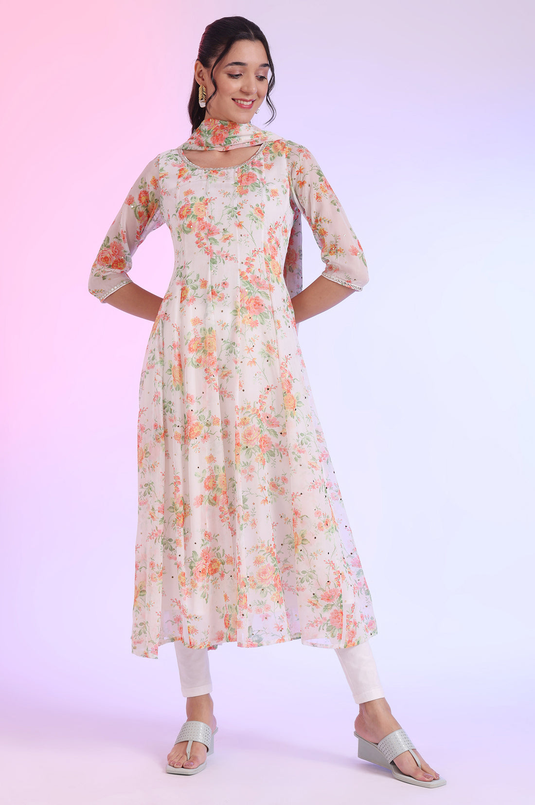 White Printed Anarkali with Leggings &amp; Dupatta Set