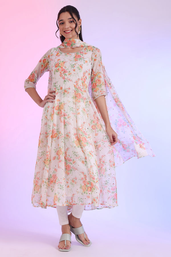 White Printed Anarkali with Leggings & Dupatta Set