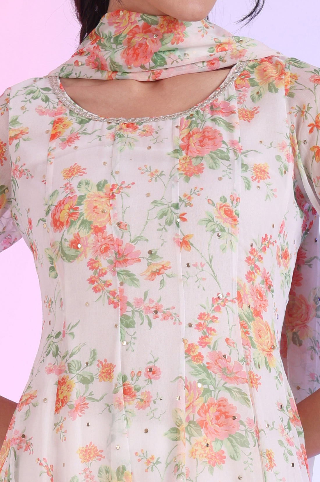 White Printed Anarkali with Leggings &amp; Dupatta Set