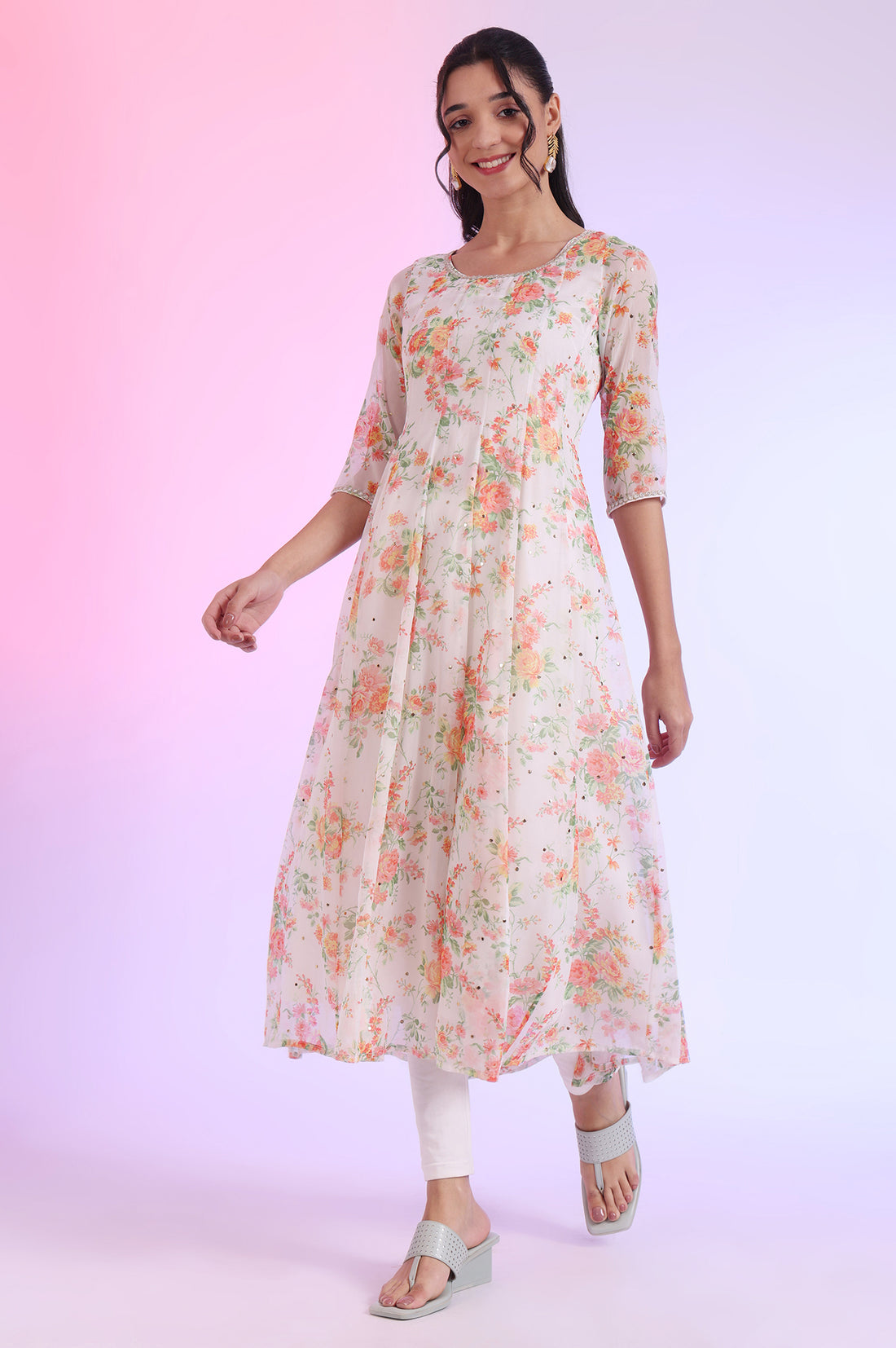 White Printed Anarkali with Leggings &amp; Dupatta Set