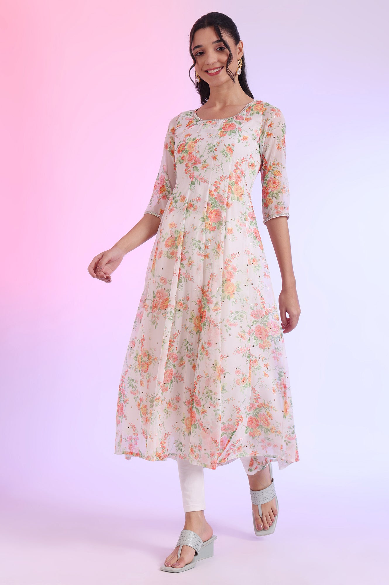 White Printed Anarkali with Leggings &amp; Dupatta Set