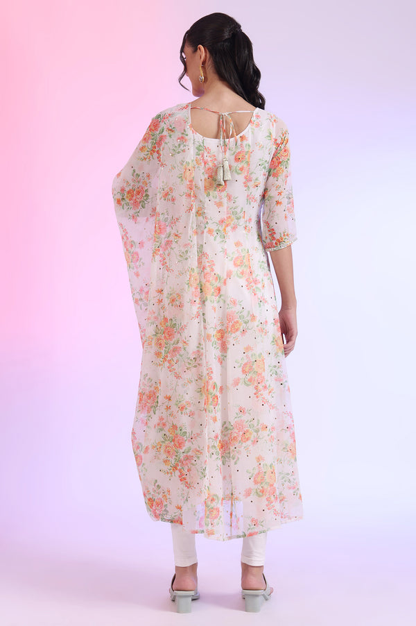 White Printed Anarkali with Leggings & Dupatta Set