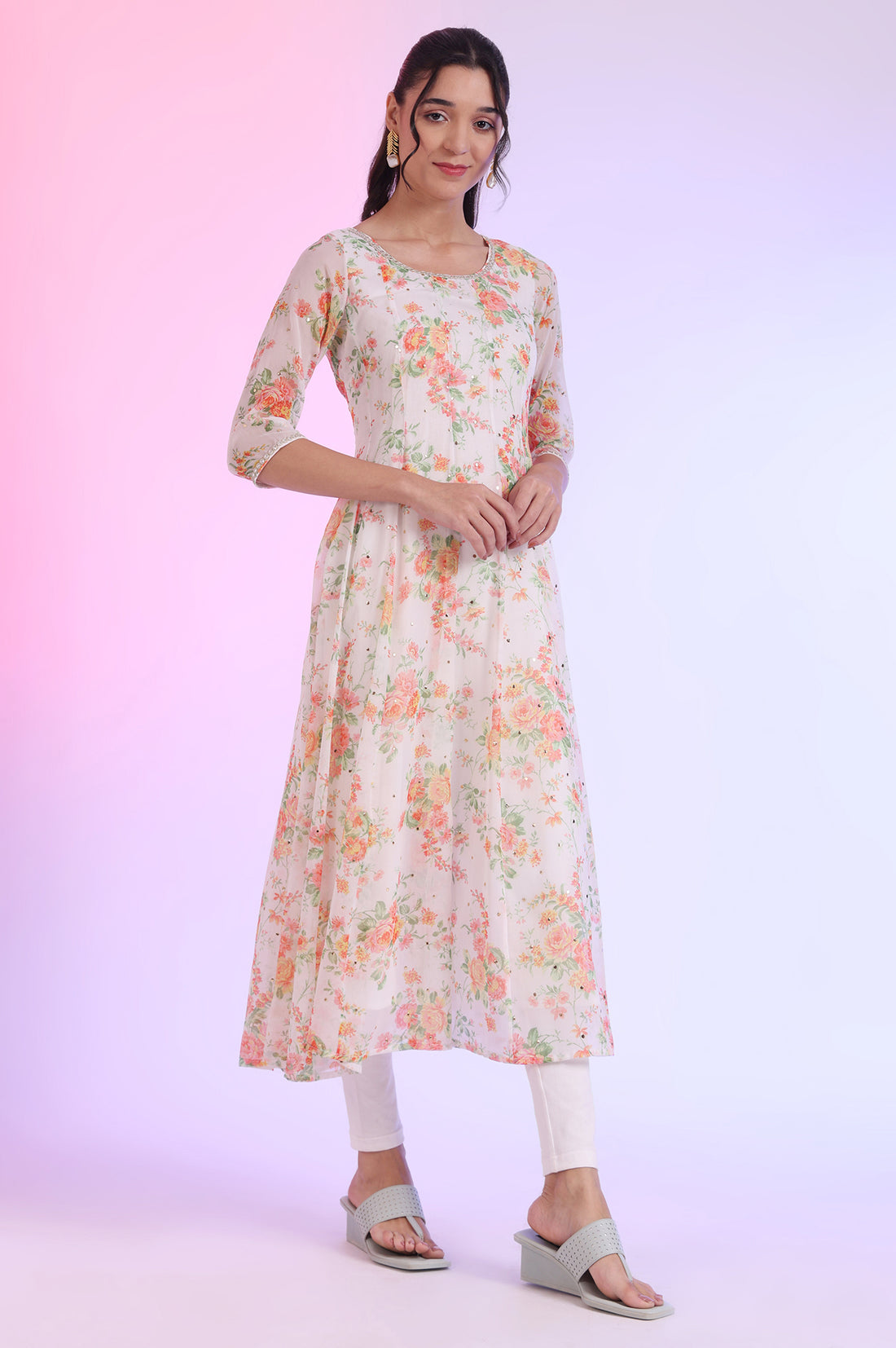 White Printed Anarkali with Leggings &amp; Dupatta Set