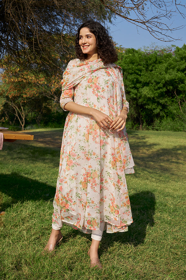 White Printed Anarkali with Leggings & Dupatta Set