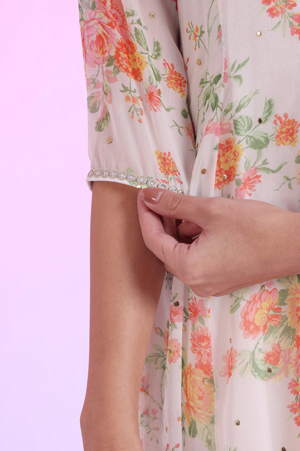 White Printed Anarkali with Leggings & Dupatta Set